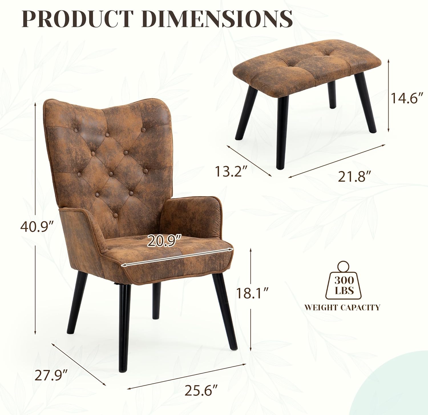 ECOTOUGE Accent Chair with Ottoman(Anti-Skid Feet Caps), Button Wingback Leisure Single Sofa, Arms Upholstered Tall Back Desk Chair for Bedroom, Reading(Brown) - Grand Goldman