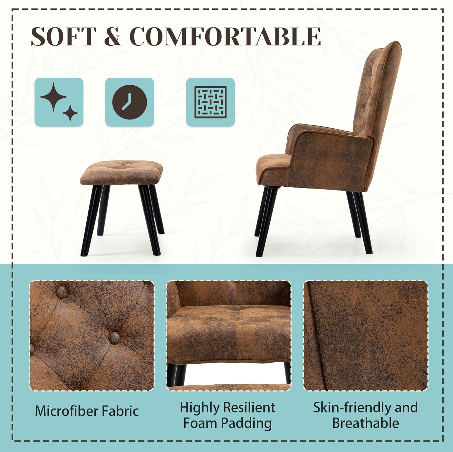 ECOTOUGE Accent Chair with Ottoman(Anti-Skid Feet Caps), Button Wingback Leisure Single Sofa, Arms Upholstered Tall Back Desk Chair for Bedroom, Reading(Brown) - Grand Goldman