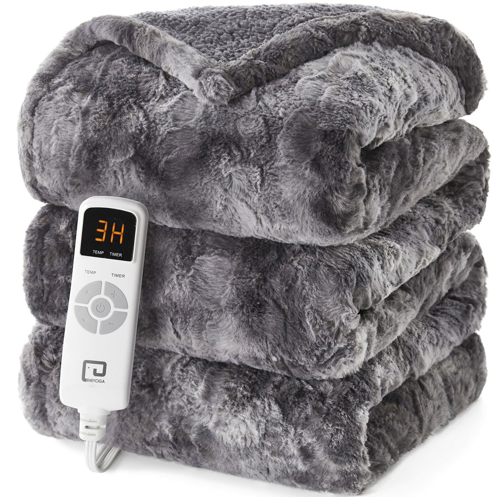 EHEYCIGA Electric Heated Blanket Throw Faux Fur, 10 Hours Auto Shut Off 9 Heating Levels Heating Blanket Throw, Soft Warm Heated Blanket Fast Heating, Faux Fur & Sherpa - Grand Goldman