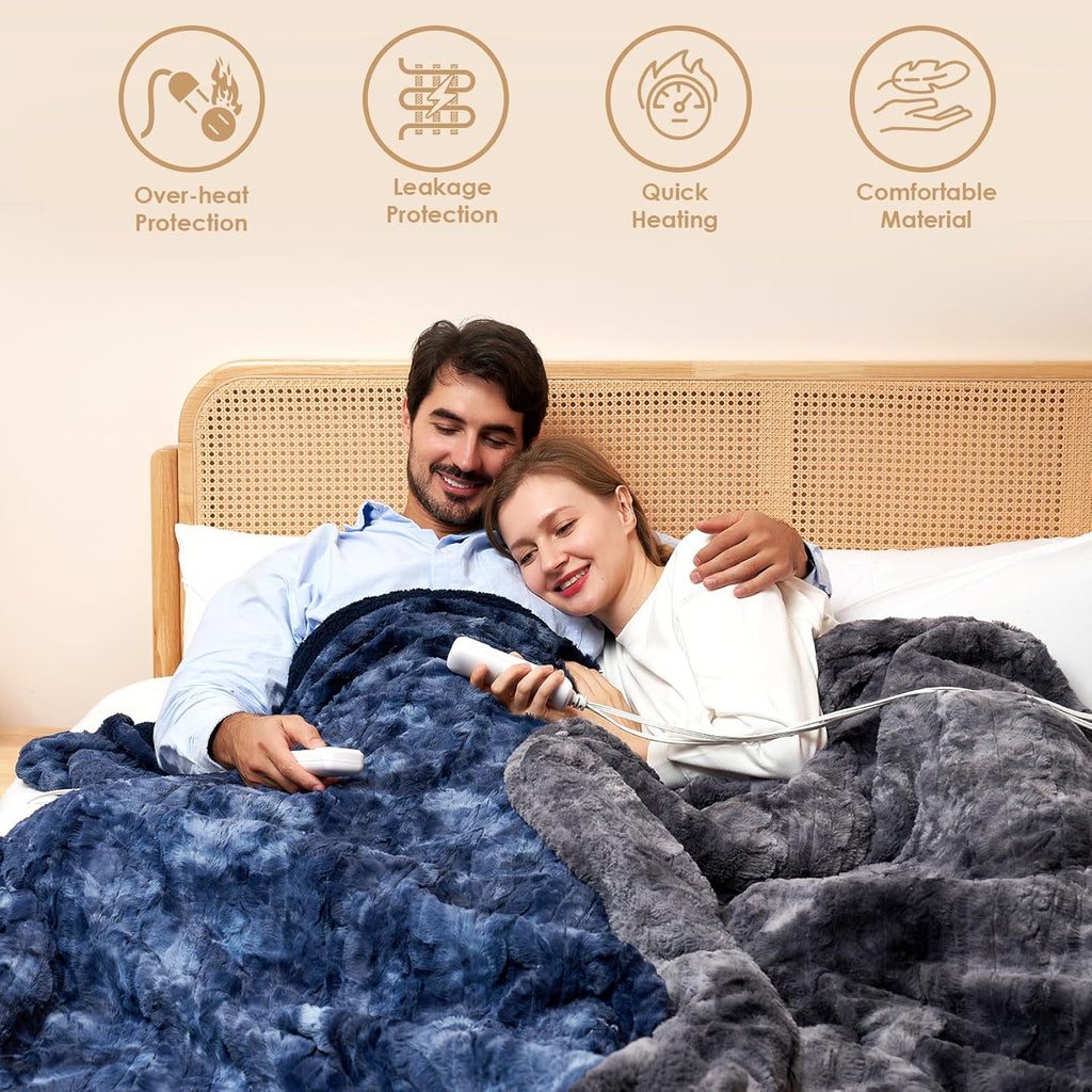 EHEYCIGA Electric Heated Blanket Throw Faux Fur, 10 Hours Auto Shut Off 9 Heating Levels Heating Blanket Throw, Soft Warm Heated Blanket Fast Heating, Faux Fur & Sherpa - Grand Goldman