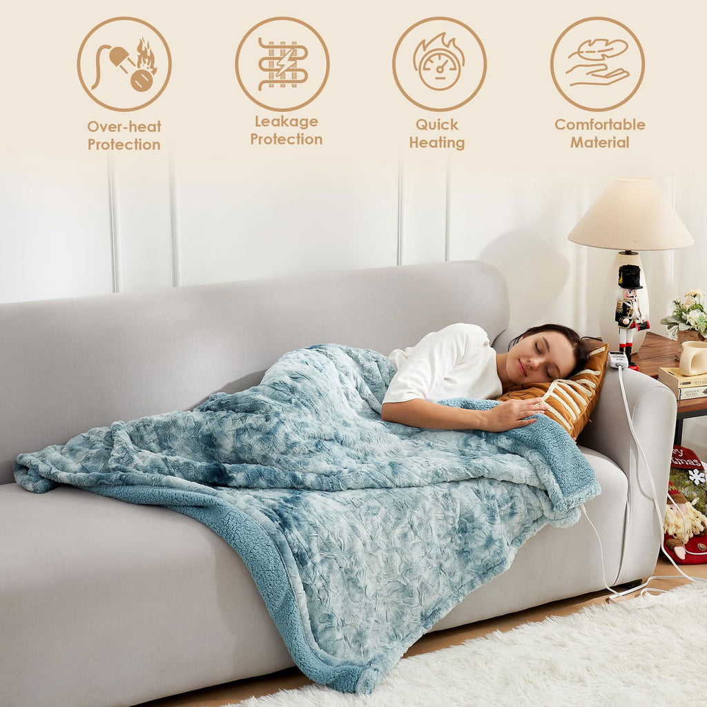 EHEYCIGA Electric Heated Blanket Throw Faux Fur, 10 Hours Auto Shut Off 9 Heating Levels Heating Blanket Throw, Soft Warm Heated Blanket Fast Heating, Faux Fur & Sherpa - Grand Goldman
