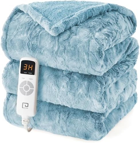 EHEYCIGA Electric Heated Blanket Throw Faux Fur, 10 Hours Auto Shut Off 9 Heating Levels Heating Blanket Throw, Soft Warm Heated Blanket Fast Heating, Faux Fur & Sherpa - Grand Goldman