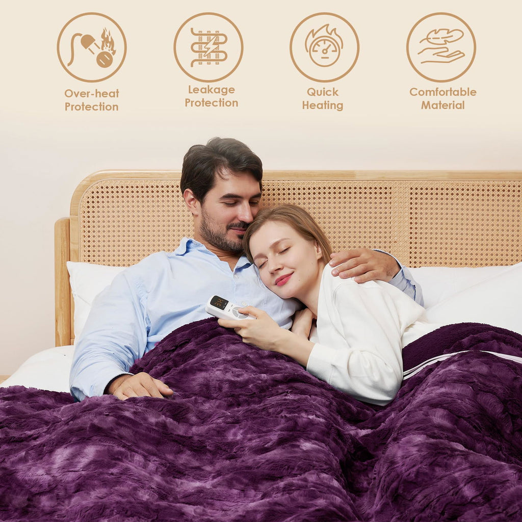 EHEYCIGA Electric Heated Blanket Throw Faux Fur, 10 Hours Auto Shut Off 9 Heating Levels Heating Blanket Throw, Soft Warm Heated Blanket Fast Heating, Faux Fur & Sherpa - Grand Goldman