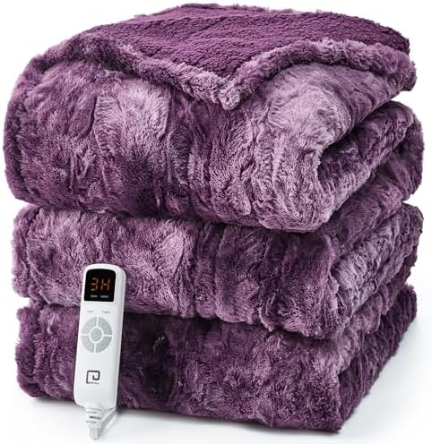 EHEYCIGA Electric Heated Blanket Throw Faux Fur, 10 Hours Auto Shut Off 9 Heating Levels Heating Blanket Throw, Soft Warm Heated Blanket Fast Heating, Faux Fur & Sherpa - Grand Goldman