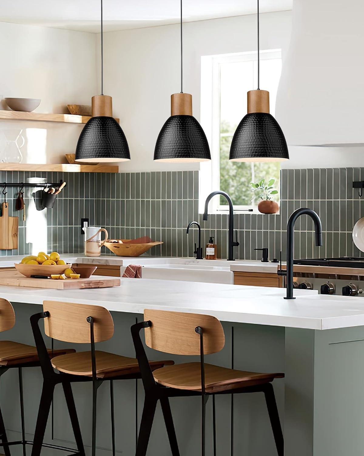 ELYONA 3 Pack Pendant Lights for Kitchen Island 7” Hammered Metal Solid Wood Small Hanging Light Fixtures Adjustable Height Farmhouse Pendant Lighting for Dining Room Bedroom Bar Office, Modern Black - Grand Goldman