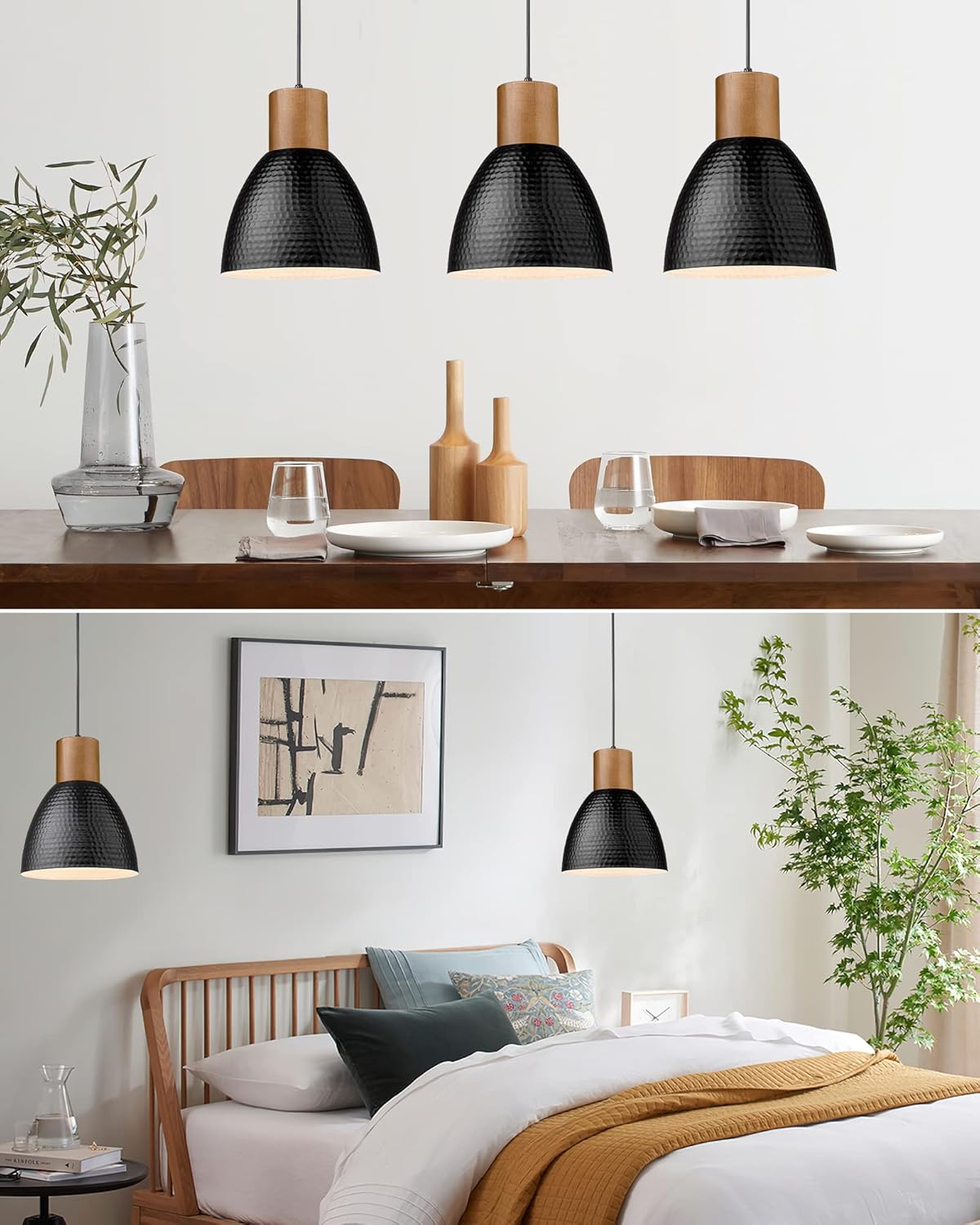 ELYONA 3 Pack Pendant Lights for Kitchen Island 7” Hammered Metal Solid Wood Small Hanging Light Fixtures Adjustable Height Farmhouse Pendant Lighting for Dining Room Bedroom Bar Office, Modern Black - Grand Goldman