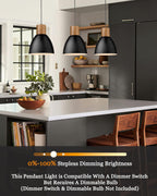 ELYONA 3 Pack Pendant Lights for Kitchen Island 7” Hammered Metal Solid Wood Small Hanging Light Fixtures Adjustable Height Farmhouse Pendant Lighting for Dining Room Bedroom Bar Office, Modern Black - Grand Goldman