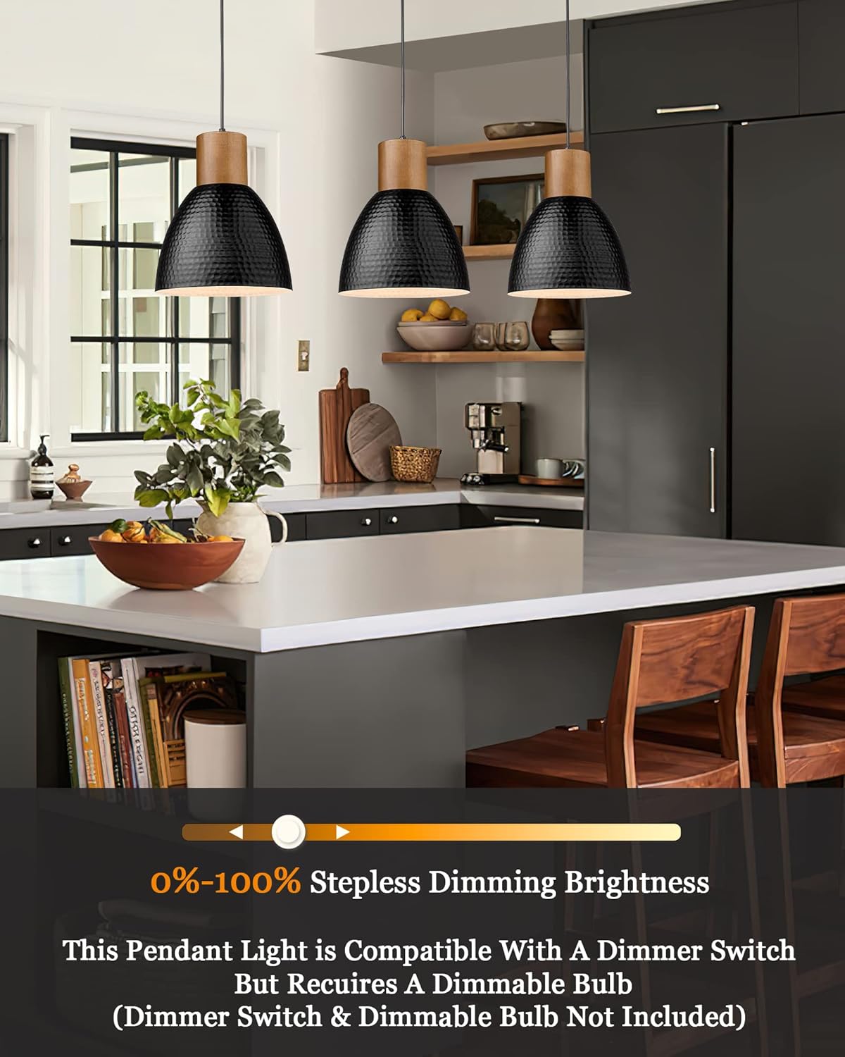 ELYONA 3 Pack Pendant Lights for Kitchen Island 7” Hammered Metal Solid Wood Small Hanging Light Fixtures Adjustable Height Farmhouse Pendant Lighting for Dining Room Bedroom Bar Office, Modern Black - Grand Goldman