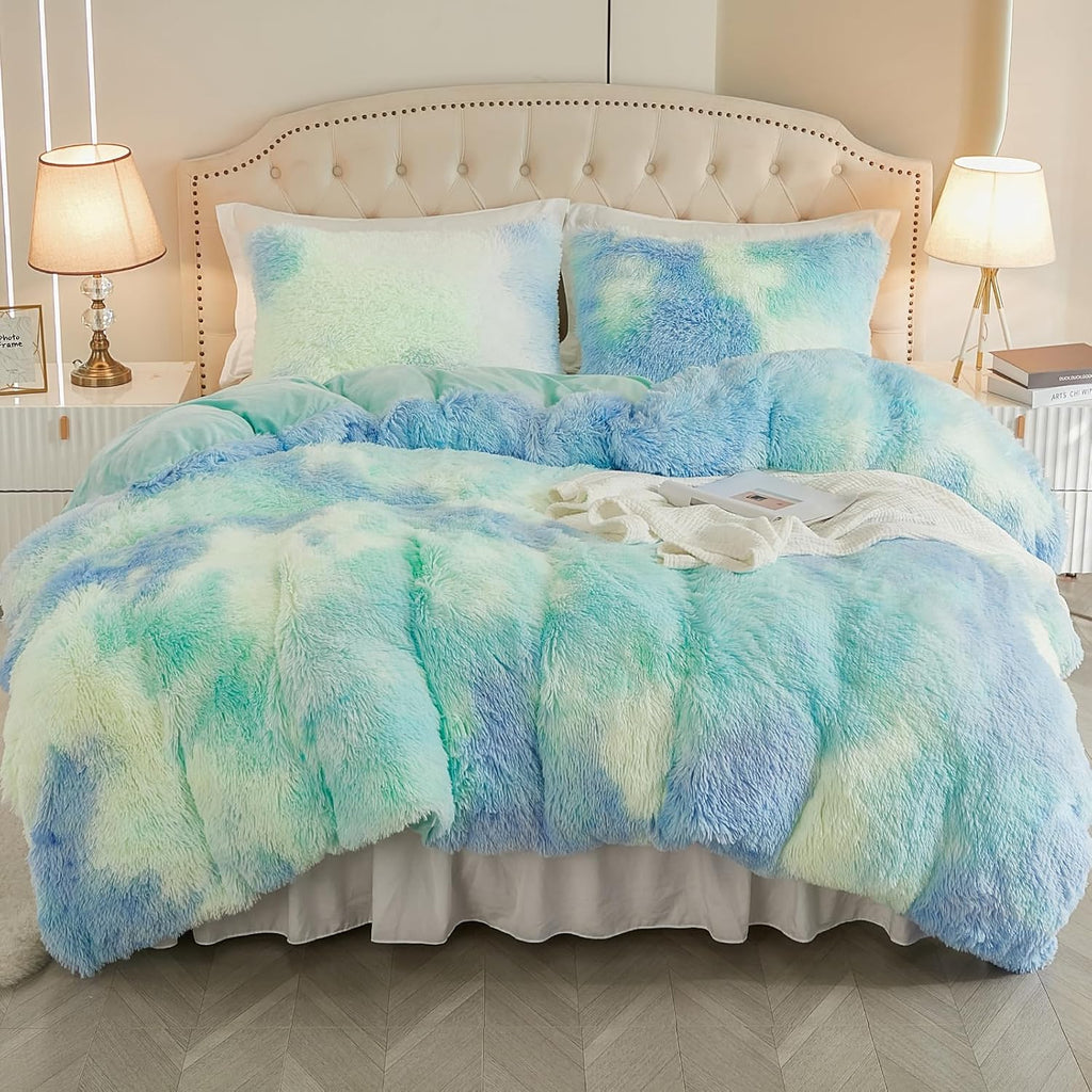 EMME Luxury Blue Fuzzy Duvet Cover Set Twin Size Fluffy Comforter Cover Set for Twin Bed 2 Pieces Shaggy and Plush Soft Bedding Duvet Covers (Tie Dye Blue, Twin) - Grand Goldman