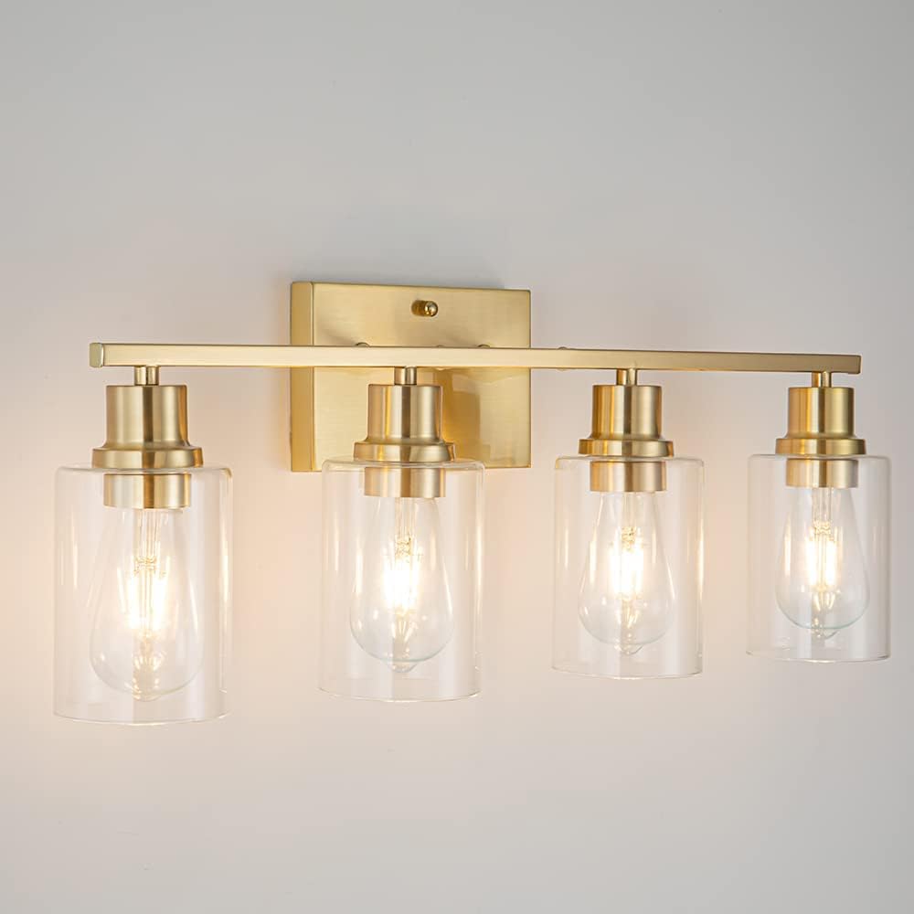 EMONG Gold Bathroom Light Fixtures, 3-Lights Vanity Light with Clear Glass Shade, Brushed Brass Wall Sconce for Hallway, Farmhouse, Living Room - Grand Goldman