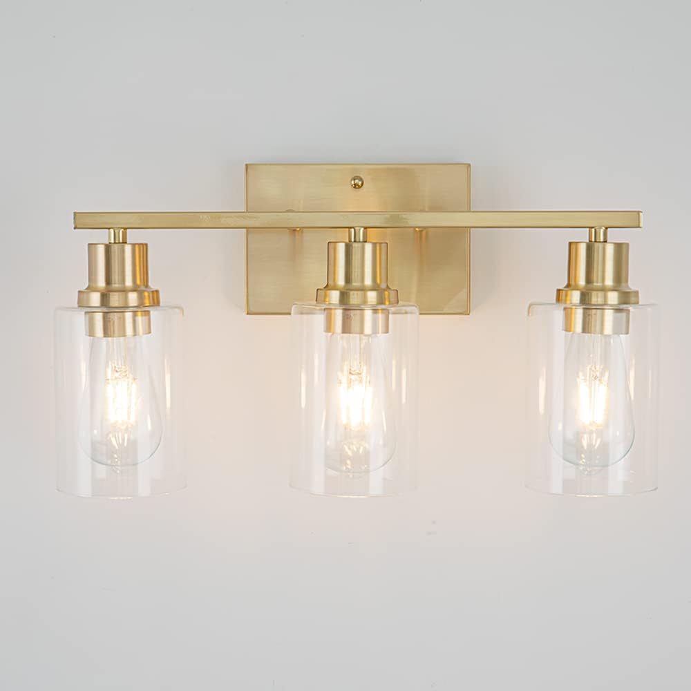 EMONG Gold Bathroom Light Fixtures, 3-Lights Vanity Light with Clear Glass Shade, Brushed Brass Wall Sconce for Hallway, Farmhouse, Living Room - Grand Goldman