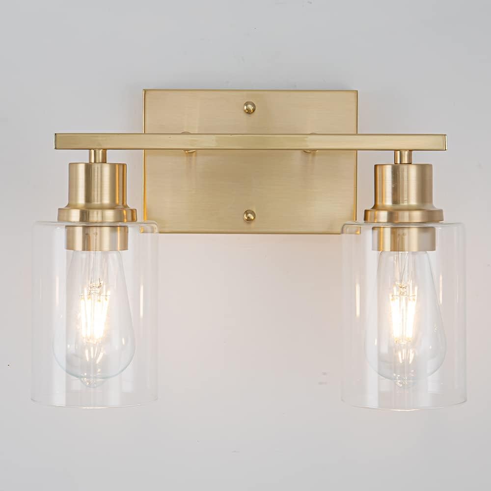 EMONG Gold Bathroom Light Fixtures, 3-Lights Vanity Light with Clear Glass Shade, Brushed Brass Wall Sconce for Hallway, Farmhouse, Living Room - Grand Goldman