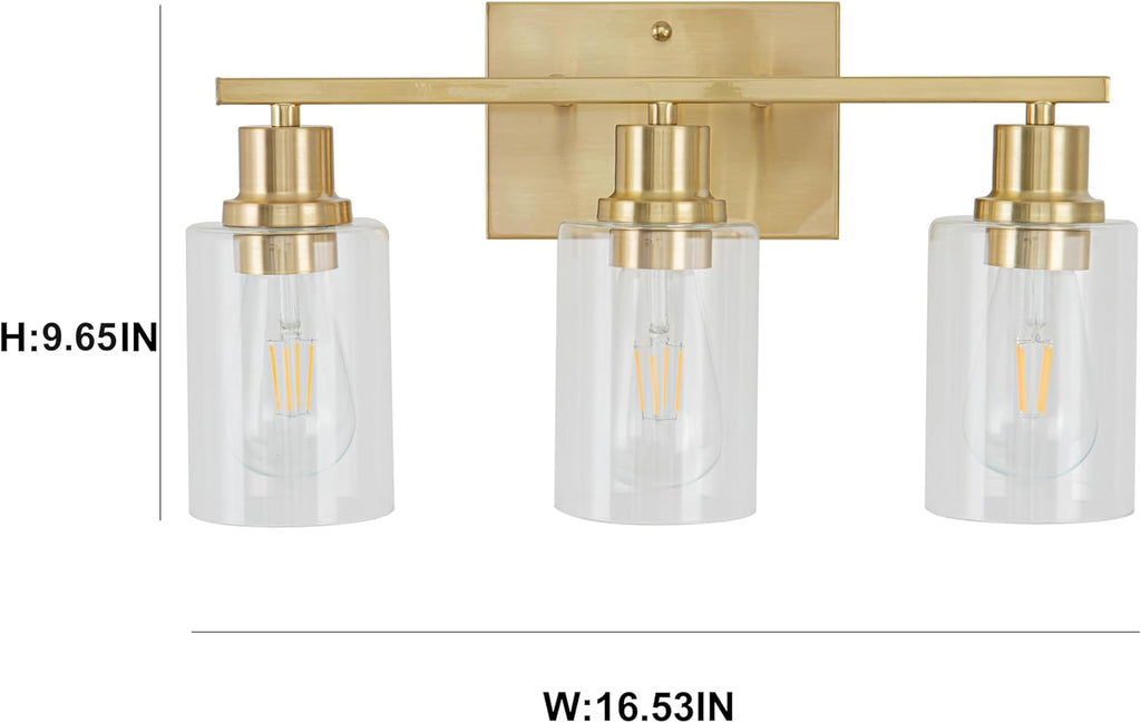 EMONG Gold Bathroom Light Fixtures, 3-Lights Vanity Light with Clear Glass Shade, Brushed Brass Wall Sconce for Hallway, Farmhouse, Living Room - Grand Goldman