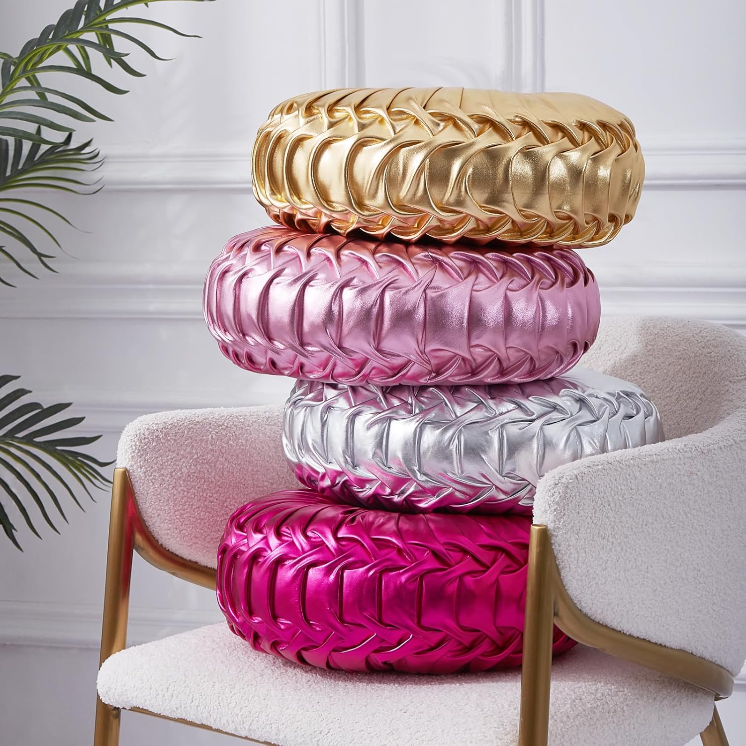 EUCIOR Gold Throw Pillows,Circular Pillow,Pumpkin Pleated Handmade Throw Pillows,Gold Pillows,Smooth Metallic Leather Decorative Pillows for Home Decor Bedroom Living Room Couch Bed Sofa(Gold) - Grand Goldman