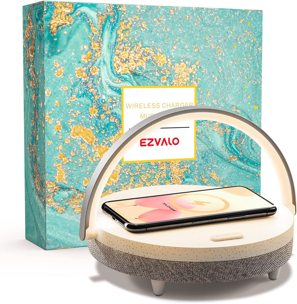 EZVALO Gift for Her, Music Table Lamp with Wireless Charger, 4 in 1 Touch Bedside Lamp, Portable Bluetooth Speaker, Phone Holder, Dimmable LED Night Light Birthday Gifts for Women, Men, Dad, Mom - Grand Goldman