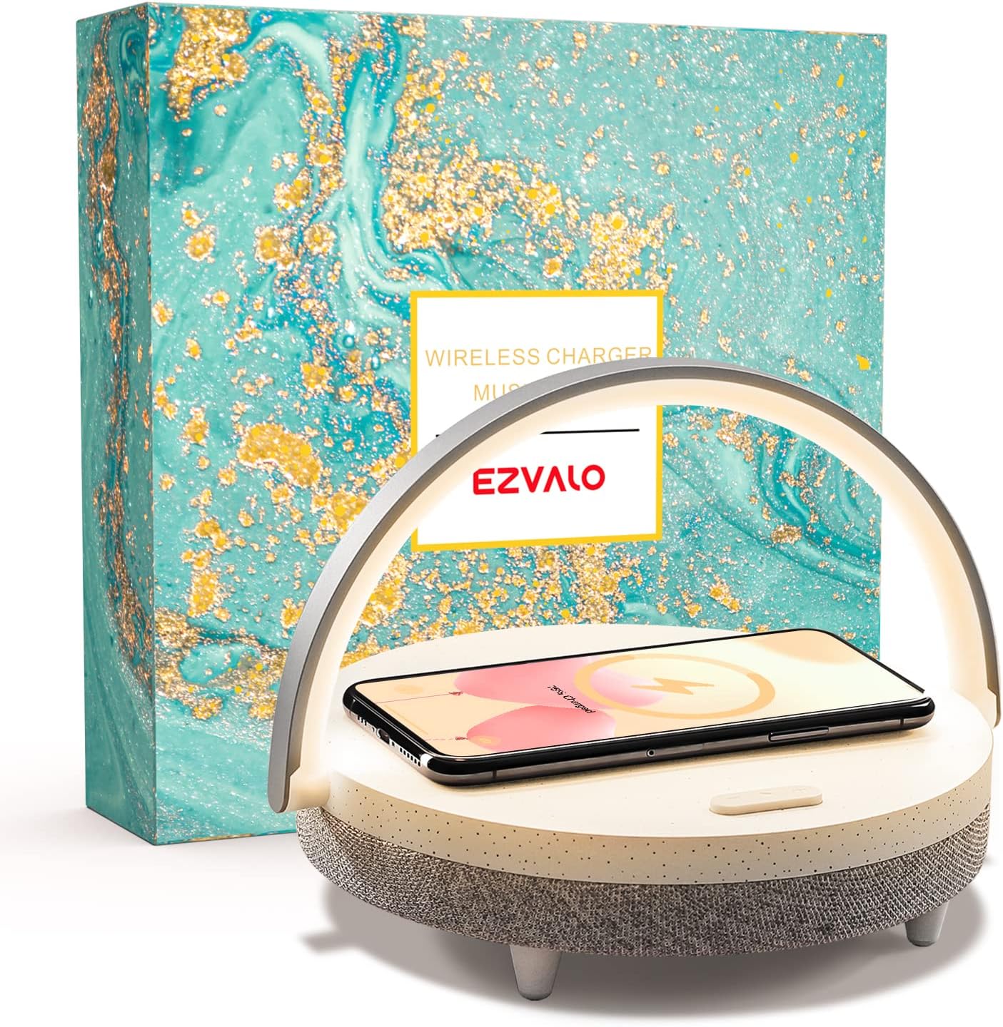EZVALO Gift for Her, Music Table Lamp with Wireless Charger, 4 in 1 Touch Bedside Lamp, Portable Bluetooth Speaker, Phone Holder, Dimmable LED Night Light Birthday Gifts for Women, Men, Dad, Mom - Grand Goldman