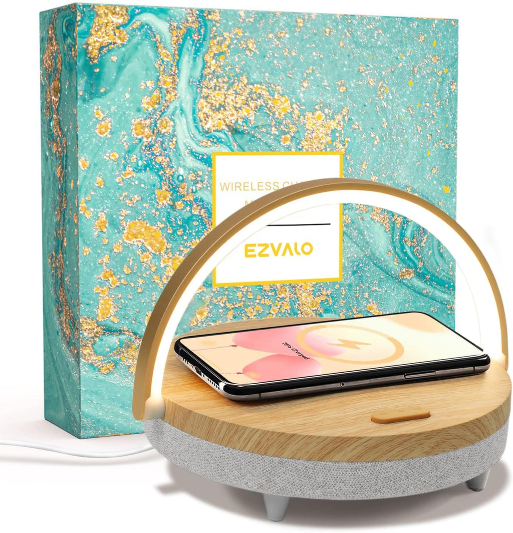 EZVALO Gift for Her, Music Table Lamp with Wireless Charger, 4 in 1 Touch Bedside Lamp, Portable Bluetooth Speaker, Phone Holder, Dimmable LED Night Light Birthday Gifts for Women, Men, Dad, Mom - Grand Goldman