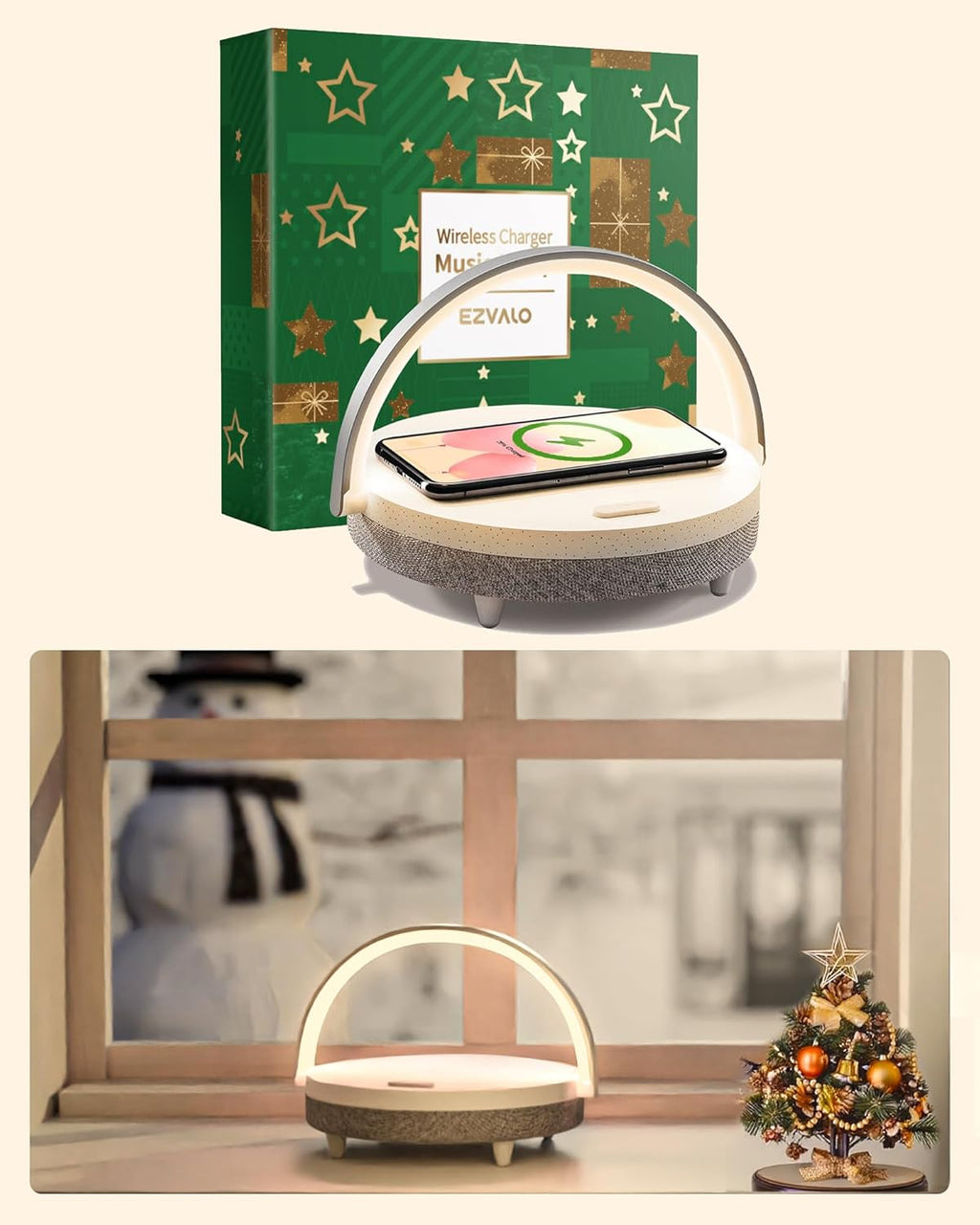 EZVALO Gift for Her, Music Table Lamp with Wireless Charger, 4 in 1 Touch Bedside Lamp, Portable Bluetooth Speaker, Phone Holder, Dimmable LED Night Light Birthday Gifts for Women, Men, Dad, Mom - Grand Goldman