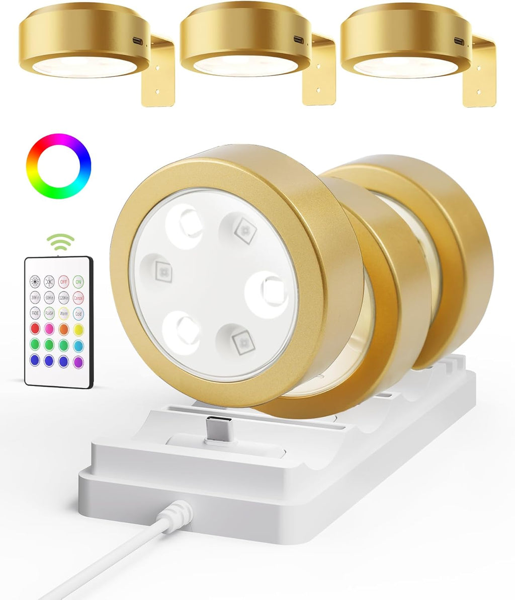 EZVALO Picture Lights for Wall with 2 Color Temps & 12 RGB,1200mAh Rechargeable Battery Painting Light,Dimmable Art Display Light with Remote Timer,Wireless Gallery Lights for Picture,Frame(6 Pack) - Grand Goldman