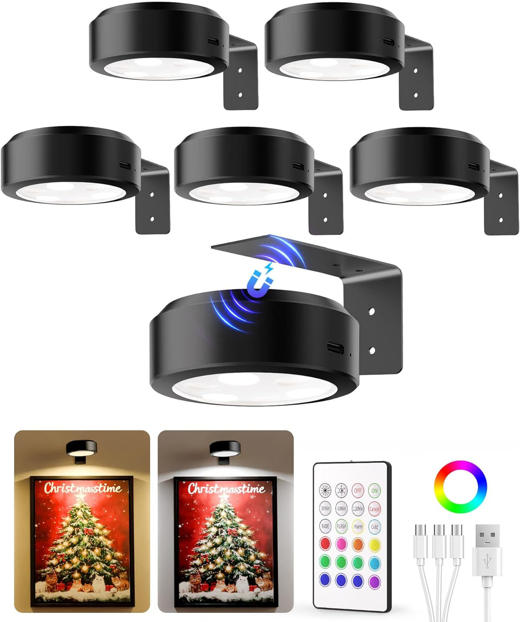 EZVALO Picture Lights for Wall with 2 Color Temps & 12 RGB,1200mAh Rechargeable Battery Painting Light,Dimmable Art Display Light with Remote Timer,Wireless Gallery Lights for Picture,Frame(6 Pack) - Grand Goldman