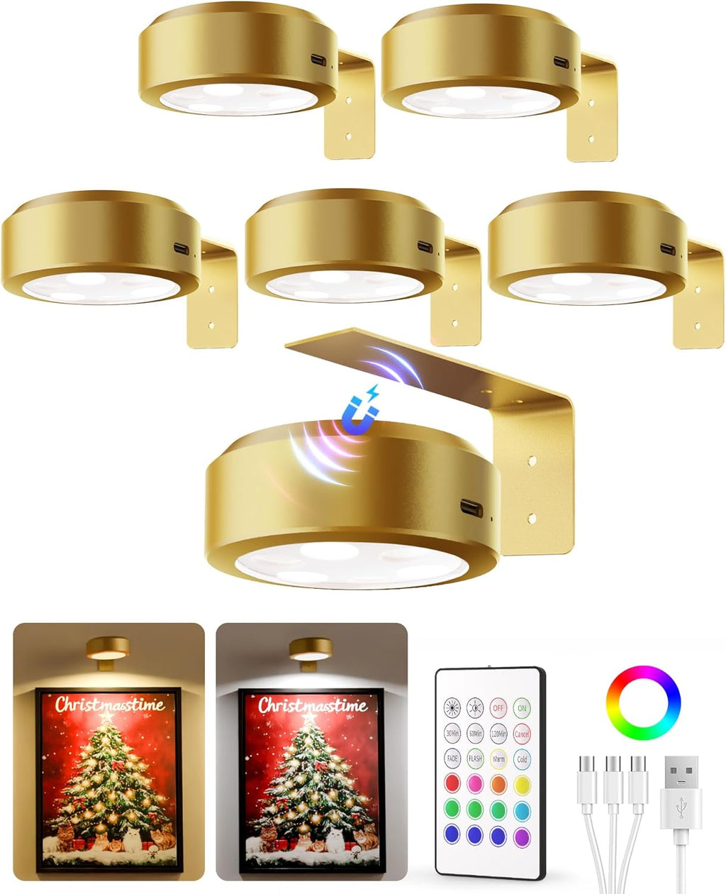 EZVALO Picture Lights for Wall with 2 Color Temps & 12 RGB,1200mAh Rechargeable Battery Painting Light,Dimmable Art Display Light with Remote Timer,Wireless Gallery Lights for Picture,Frame(6 Pack) - Grand Goldman