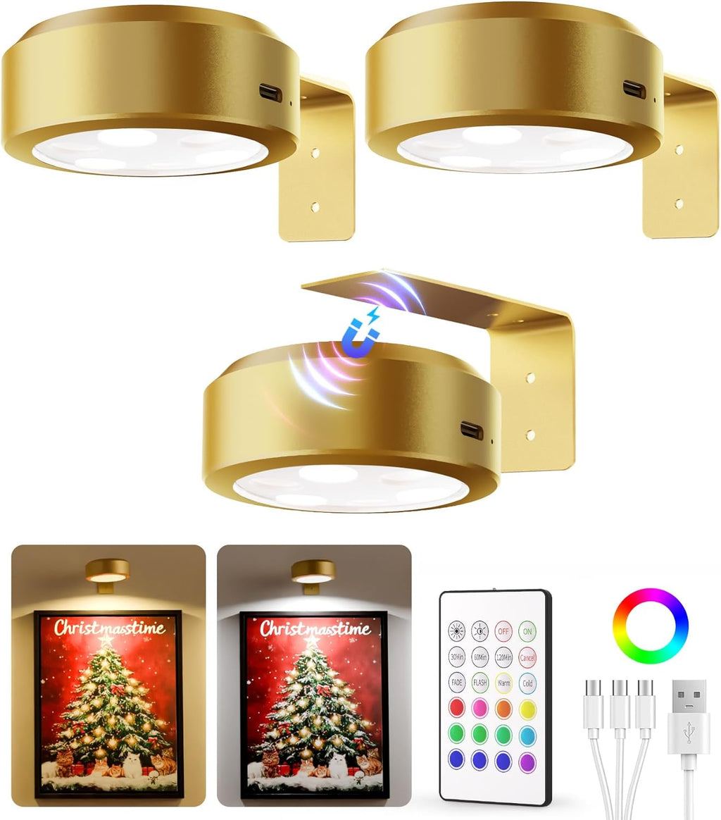 EZVALO Picture Lights for Wall with 2 Color Temps & 12 RGB,1200mAh Rechargeable Battery Painting Light,Dimmable Art Display Light with Remote Timer,Wireless Gallery Lights for Picture,Frame(6 Pack) - Grand Goldman