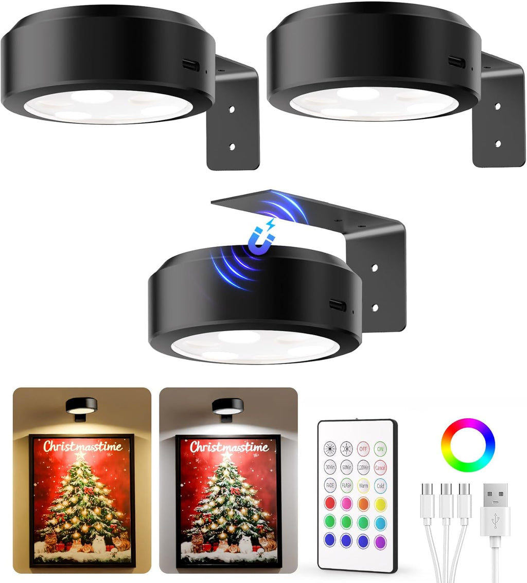 EZVALO Picture Lights for Wall with 2 Color Temps & 12 RGB,1200mAh Rechargeable Battery Painting Light,Dimmable Art Display Light with Remote Timer,Wireless Gallery Lights for Picture,Frame(6 Pack) - Grand Goldman