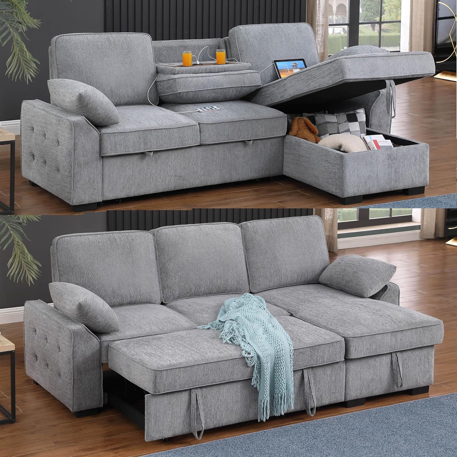 Eafurn L-Shape Reversible Sectional Sofa Bed Convertible Sleeper Corner Couch w/USB Ports and Storage Chaise, 4 in 1 Pull-Out Sofabed for Living Room, Apartment, Office - Grand Goldman