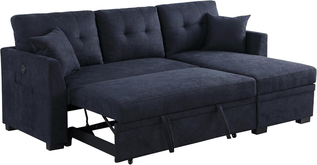 Eafurn L-Shape Reversible Sectional Sofa Bed Convertible Sleeper Corner Couch w/USB Ports and Storage Chaise, 4 in 1 Pull-Out Sofabed for Living Room, Apartment, Office - Grand Goldman