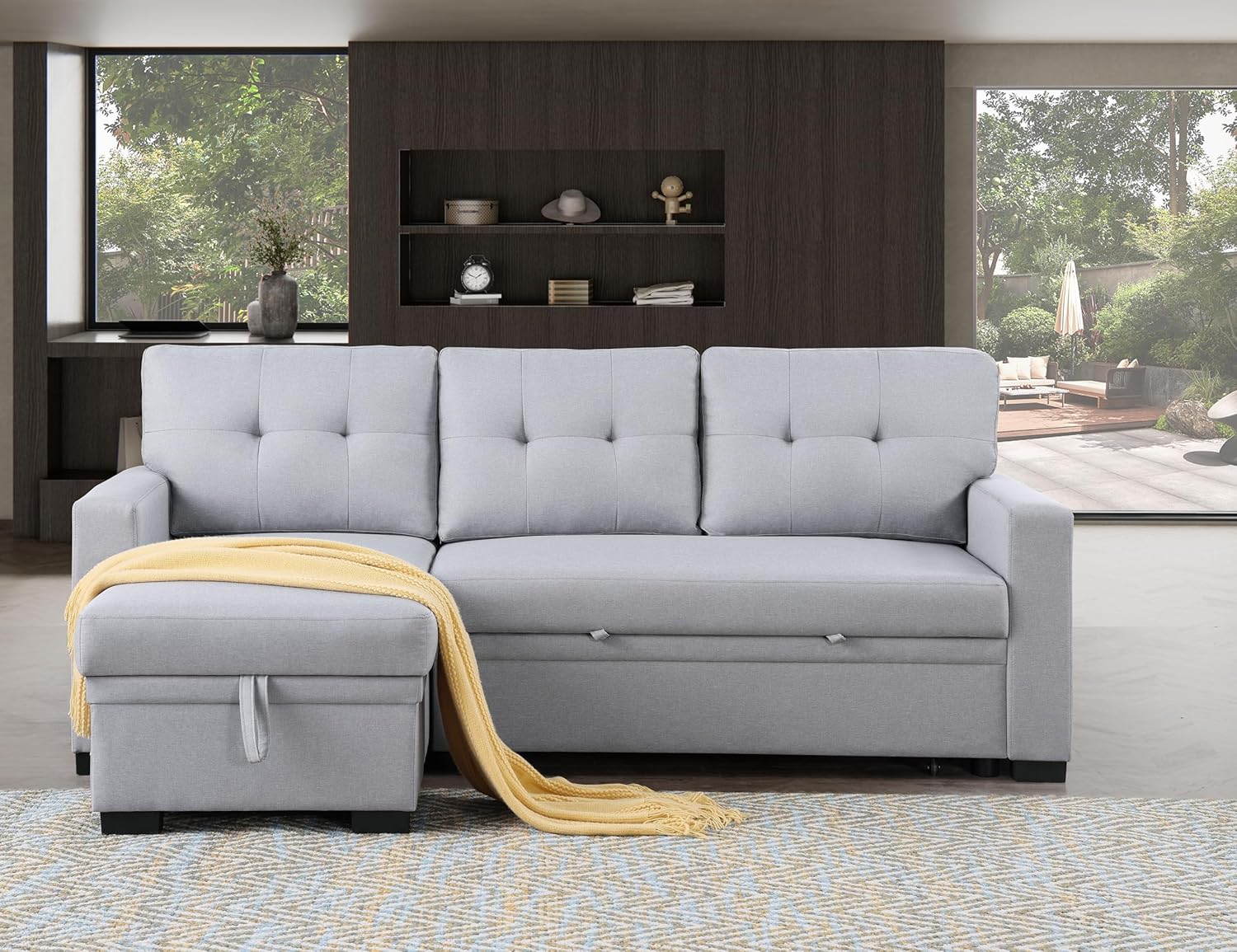 Eafurn L-Shape Reversible Sectional Sofa Bed Convertible Sleeper Corner Couch w/USB Ports and Storage Chaise, 4 in 1 Pull-Out Sofabed for Living Room, Apartment, Office - Grand Goldman