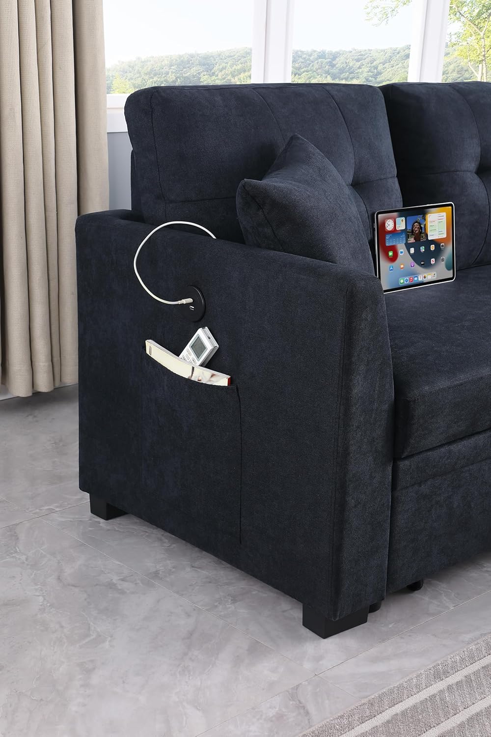 Eafurn L-Shape Reversible Sectional Sofa Bed Convertible Sleeper Corner Couch w/USB Ports and Storage Chaise, 4 in 1 Pull-Out Sofabed for Living Room, Apartment, Office - Grand Goldman