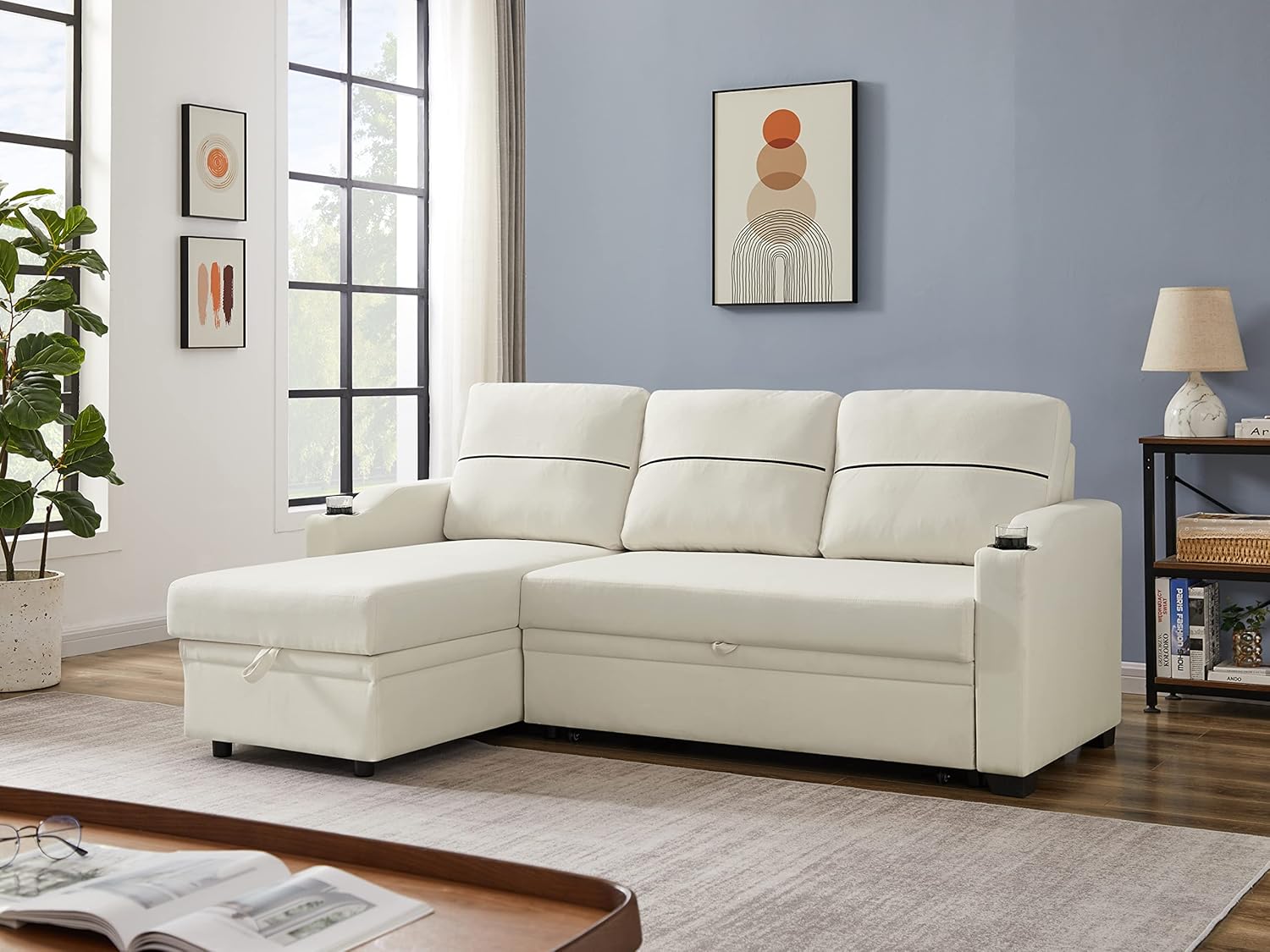 Eafurn L Shaped Sectional Sleeper Sofa Couches Pull Out Sofabed with Storage Chaise,Removable Back Cushions, Reversible Pullout Sofa&Couch for Living Room Apartment - Grand Goldman