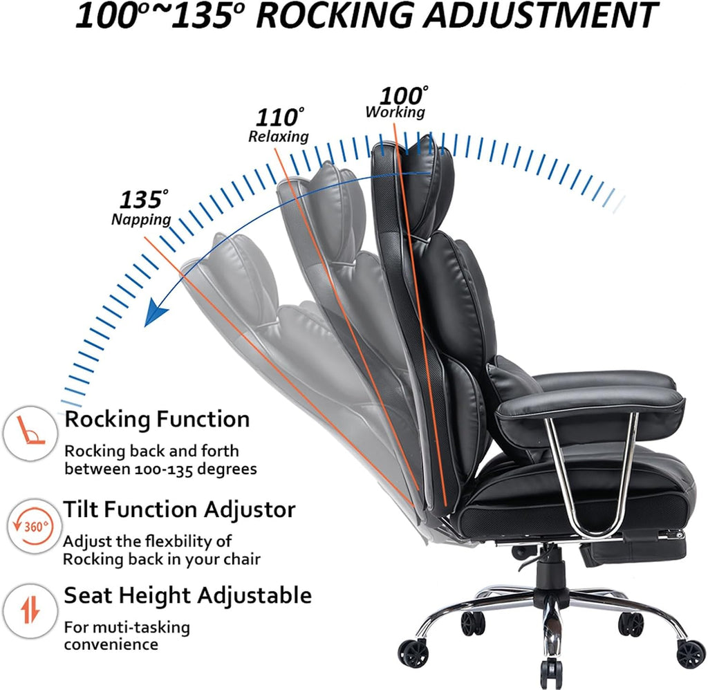 Efomao Desk Office Chair 400LBS, Big and Tall Office Chair, PU Leather Computer Chair, Executive Office Chair with Leg Rest and Lumbar Support, Black Office Chair - Grand Goldman