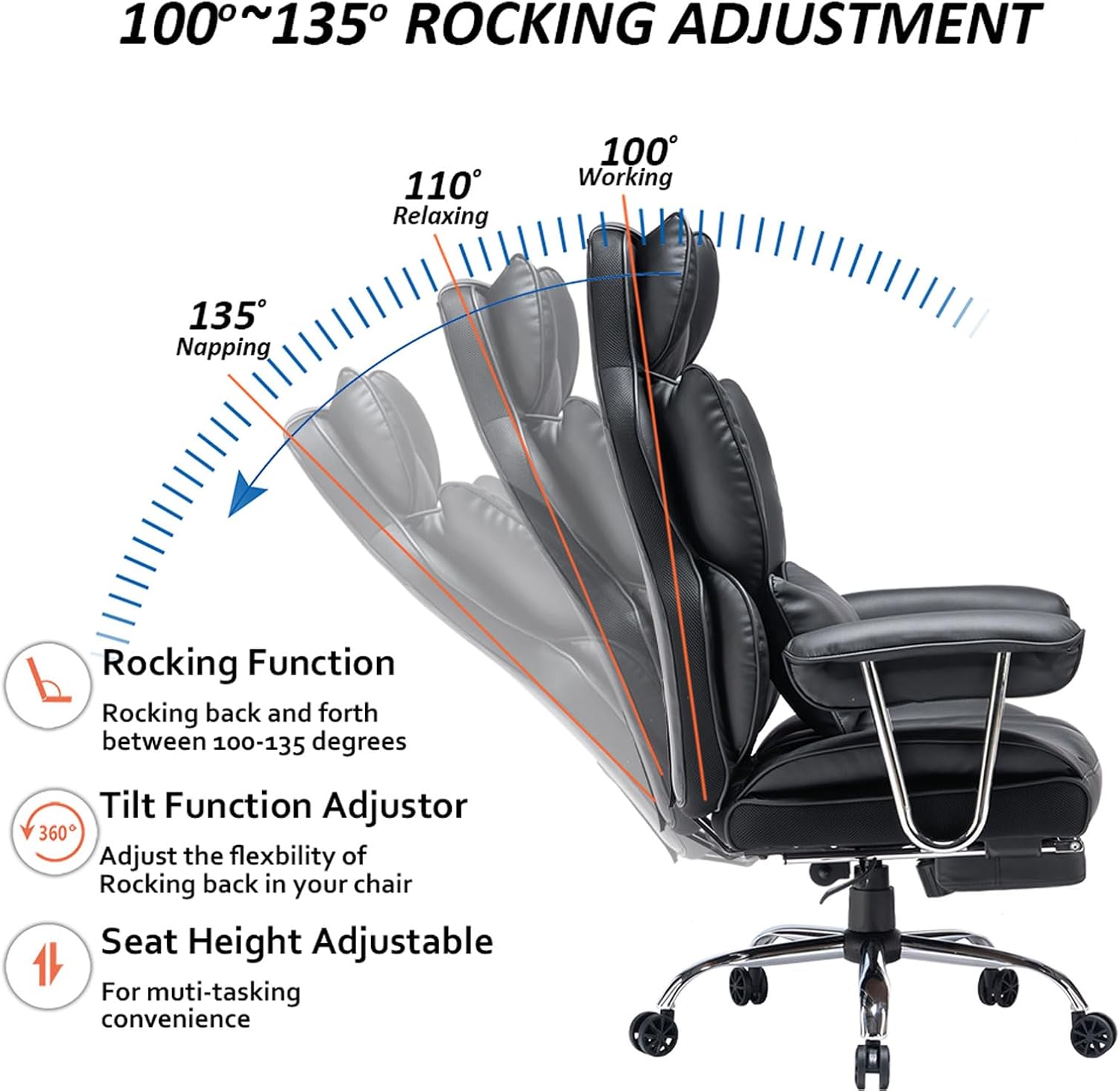 Efomao Desk Office Chair 400LBS, Big and Tall Office Chair, PU Leather Computer Chair, Executive Office Chair with Leg Rest and Lumbar Support, Black Office Chair - Grand Goldman