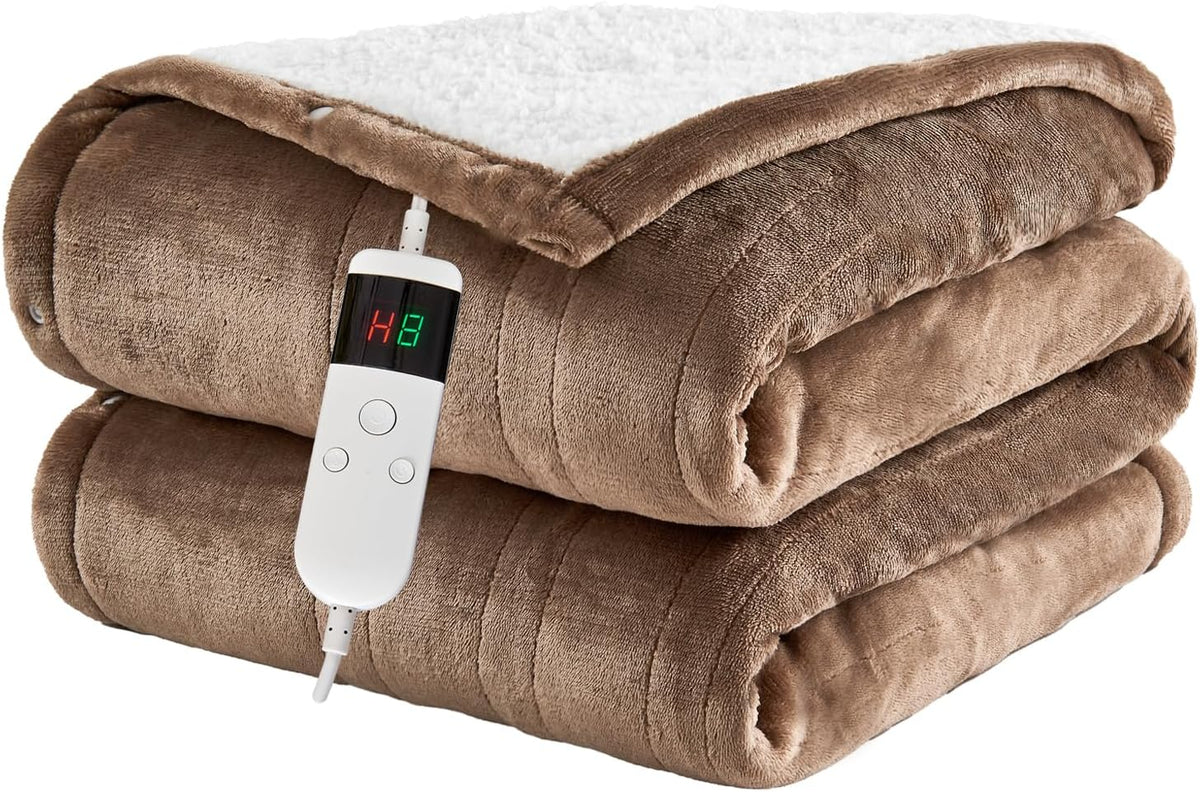 Electric Blanket Heated Throw, Soft Flannel Heating Blanket with 8 Hours Auto Off 10 Fast Heating Levels Machine Washable Sherpa Heated Blanket with Overheating Protection - Grand Goldman