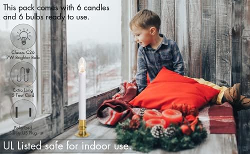 Electric Christmas Window Candle Lamp - 6-Pack | Brass-Plated Base with LED Bulbs | Dusk-to-Dawn Auto Sensor | Turns On in Dark, Off in Light | Ready to Use! - Grand Goldman