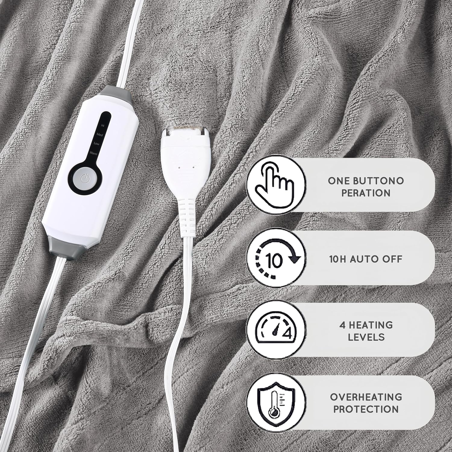 Electric Heated Blanket 72"x84" Full Size with 4 Heating Levels and 10 Hours Auto-Off Large Oversized Heating Blanket with Soft Plush Fabric for Bedding - Gray - Grand Goldman