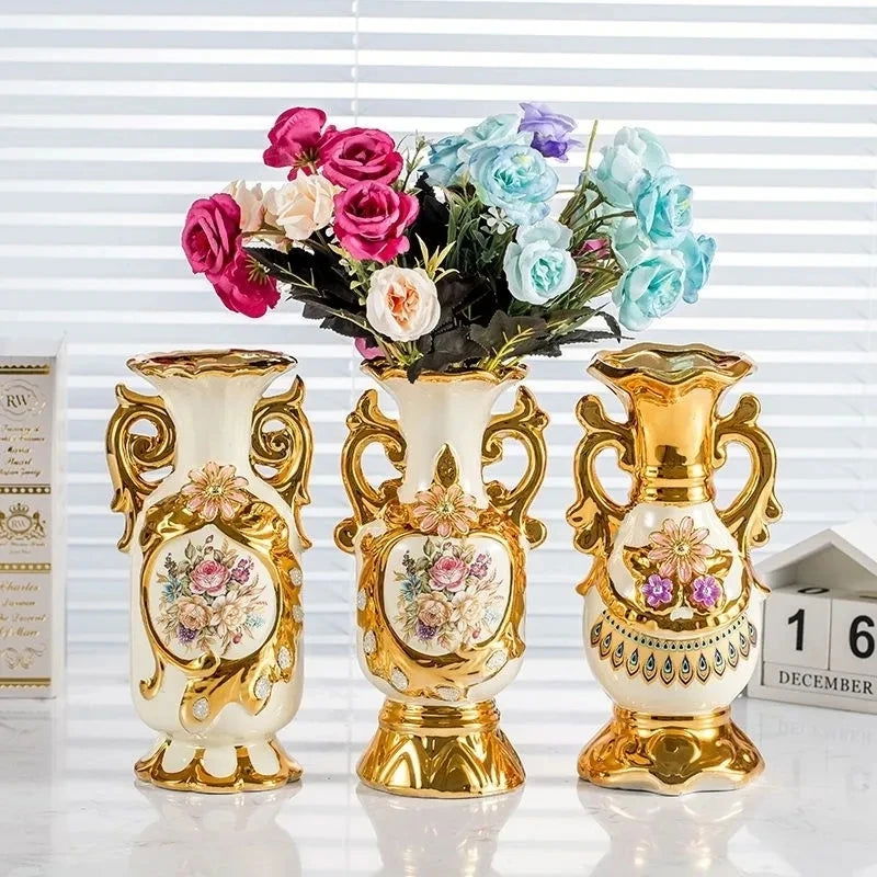 Elegant 24CM European Ceramic Vase with Hand-Painted Impressionist Flowers Perfect for Dried Blossom Arrangements Home Decor Shiny Golden Totem Pot Amphora Living Room Entrance Bedside Ornaments - Grand Goldman