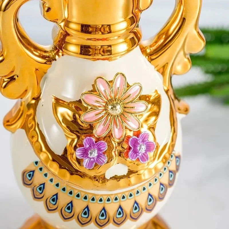 Elegant 24CM European Ceramic Vase with Hand-Painted Impressionist Flowers Perfect for Dried Blossom Arrangements Home Decor Shiny Golden Totem Pot Amphora Living Room Entrance Bedside Ornaments - Grand Goldman