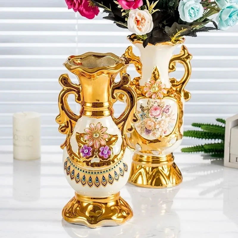 Elegant 24CM European Ceramic Vase with Hand-Painted Impressionist Flowers Perfect for Dried Blossom Arrangements Home Decor Shiny Golden Totem Pot Amphora Living Room Entrance Bedside Ornaments - Grand Goldman