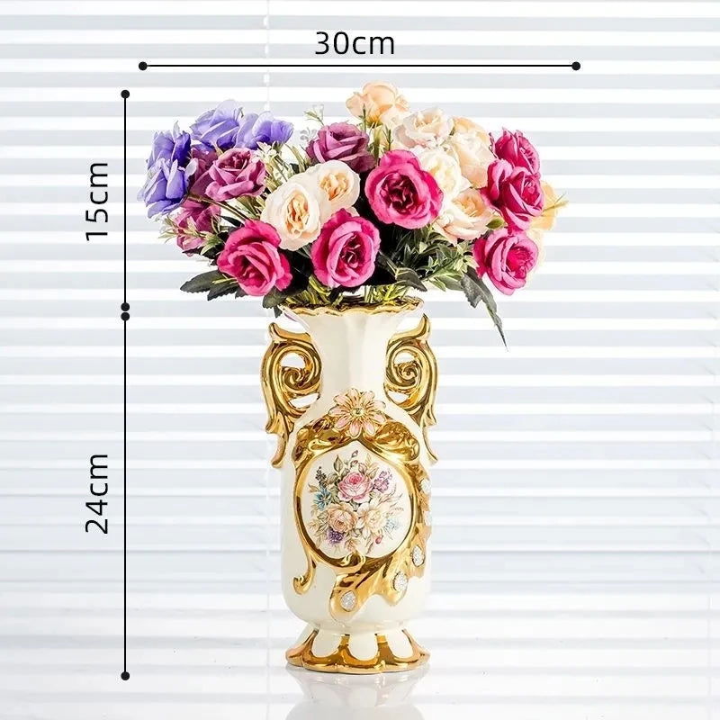 Elegant 24CM European Ceramic Vase with Hand-Painted Impressionist Flowers Perfect for Dried Blossom Arrangements Home Decor Shiny Golden Totem Pot Amphora Living Room Entrance Bedside Ornaments - Grand Goldman
