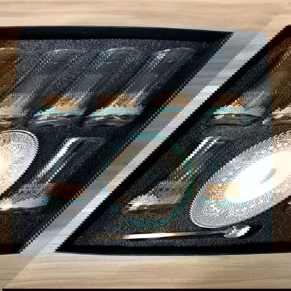 Elegant 6 Sets Turkish Tea Glasses Cups Saucers with Spoons Heat-Resistant Glass Romantic Exotic Design Eco-Friendly Ideal Gift Box Kitchen Decoration Perfect Tea Lovers Anniversary Weddings - Grand Goldman