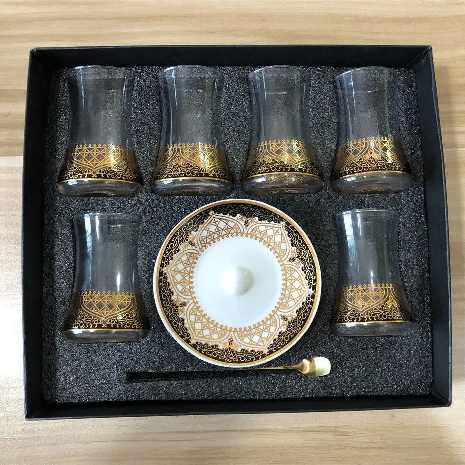 Elegant 6 Sets Turkish Tea Glasses Cups Saucers with Spoons Heat-Resistant Glass Romantic Exotic Design Eco-Friendly Ideal Gift Box Kitchen Decoration Perfect Tea Lovers Anniversary Weddings - Grand Goldman