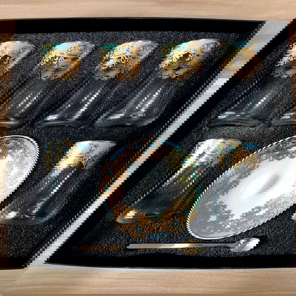 Elegant 6 Sets Turkish Tea Glasses Cups Saucers with Spoons Heat-Resistant Glass Romantic Exotic Design Eco-Friendly Ideal Gift Box Kitchen Decoration Perfect Tea Lovers Anniversary Weddings - Grand Goldman