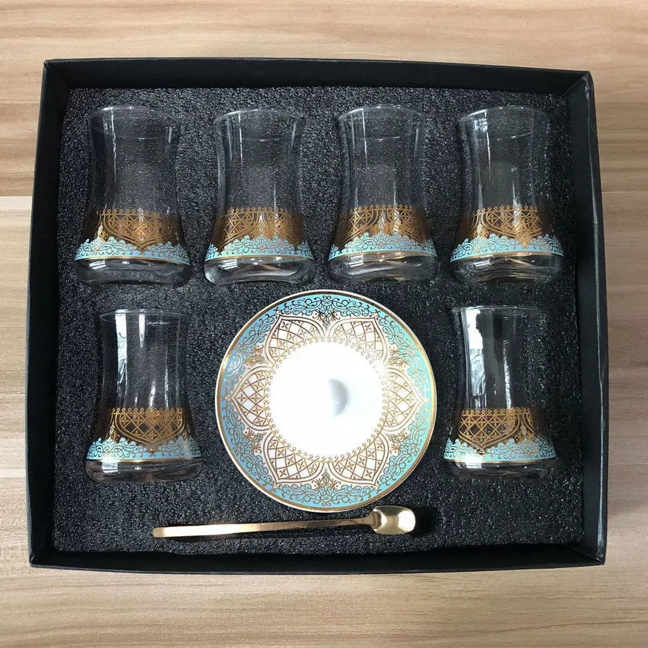 Elegant 6 Sets Turkish Tea Glasses Cups Saucers with Spoons Heat-Resistant Glass Romantic Exotic Design Eco-Friendly Ideal Gift Box Kitchen Decoration Perfect Tea Lovers Anniversary Weddings - Grand Goldman