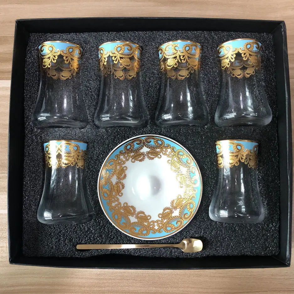 Elegant 6 Sets Turkish Tea Glasses Cups Saucers with Spoons Heat-Resistant Glass Romantic Exotic Design Eco-Friendly Ideal Gift Box Kitchen Decoration Perfect Tea Lovers Anniversary Weddings - Grand Goldman