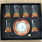 Elegant 6 Sets Turkish Tea Glasses Cups Saucers with Spoons Heat-Resistant Glass Romantic Exotic Design Eco-Friendly Ideal Gift Box Kitchen Decoration Perfect Tea Lovers Anniversary Weddings - Grand Goldman