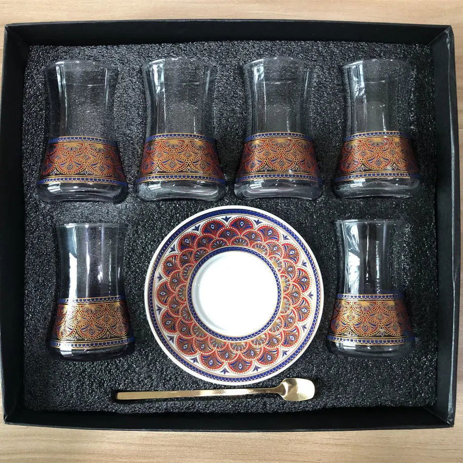 Elegant 6 Sets Turkish Tea Glasses Cups Saucers with Spoons Heat-Resistant Glass Romantic Exotic Design Eco-Friendly Ideal Gift Box Kitchen Decoration Perfect Tea Lovers Anniversary Weddings - Grand Goldman