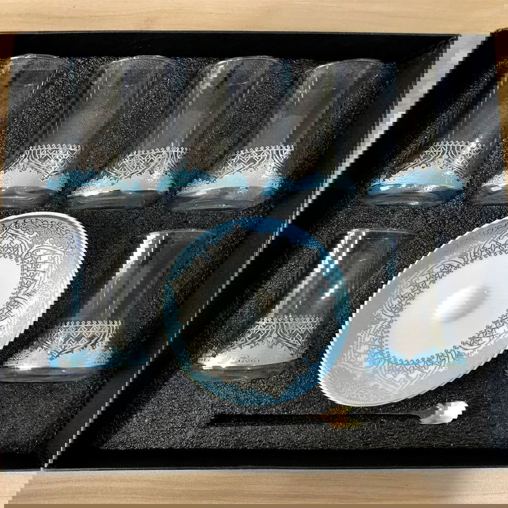 Elegant 6 Sets Turkish Tea Glasses Cups Saucers with Spoons Heat-Resistant Glass Romantic Exotic Design Eco-Friendly Ideal Gift Box Kitchen Decoration Perfect Tea Lovers Anniversary Weddings - Grand Goldman