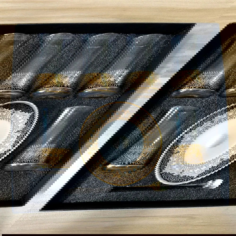 Elegant 6 Sets Turkish Tea Glasses Cups Saucers with Spoons Heat-Resistant Glass Romantic Exotic Design Eco-Friendly Ideal Gift Box Kitchen Decoration Perfect Tea Lovers Anniversary Weddings - Grand Goldman
